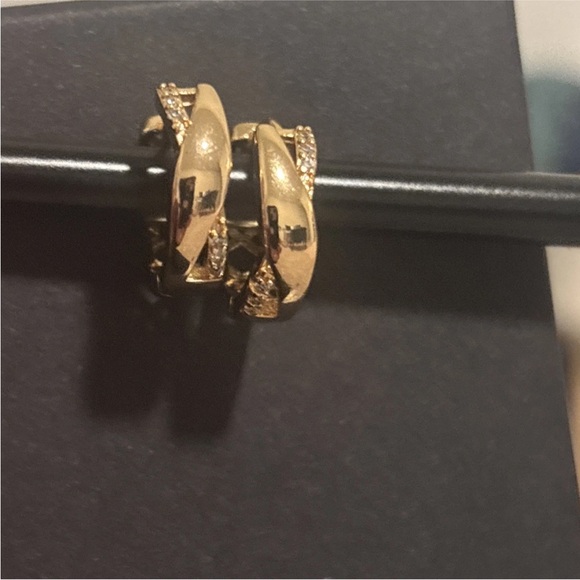 Rose Gold Plated CZ Huggie Hoop Earrings | Twisted Sparkling Minimalist Hoops - Picture 3 of 13